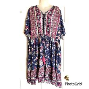 Floral Patchwork Peasant Dress with Built In Adjustable Belt with Tassles